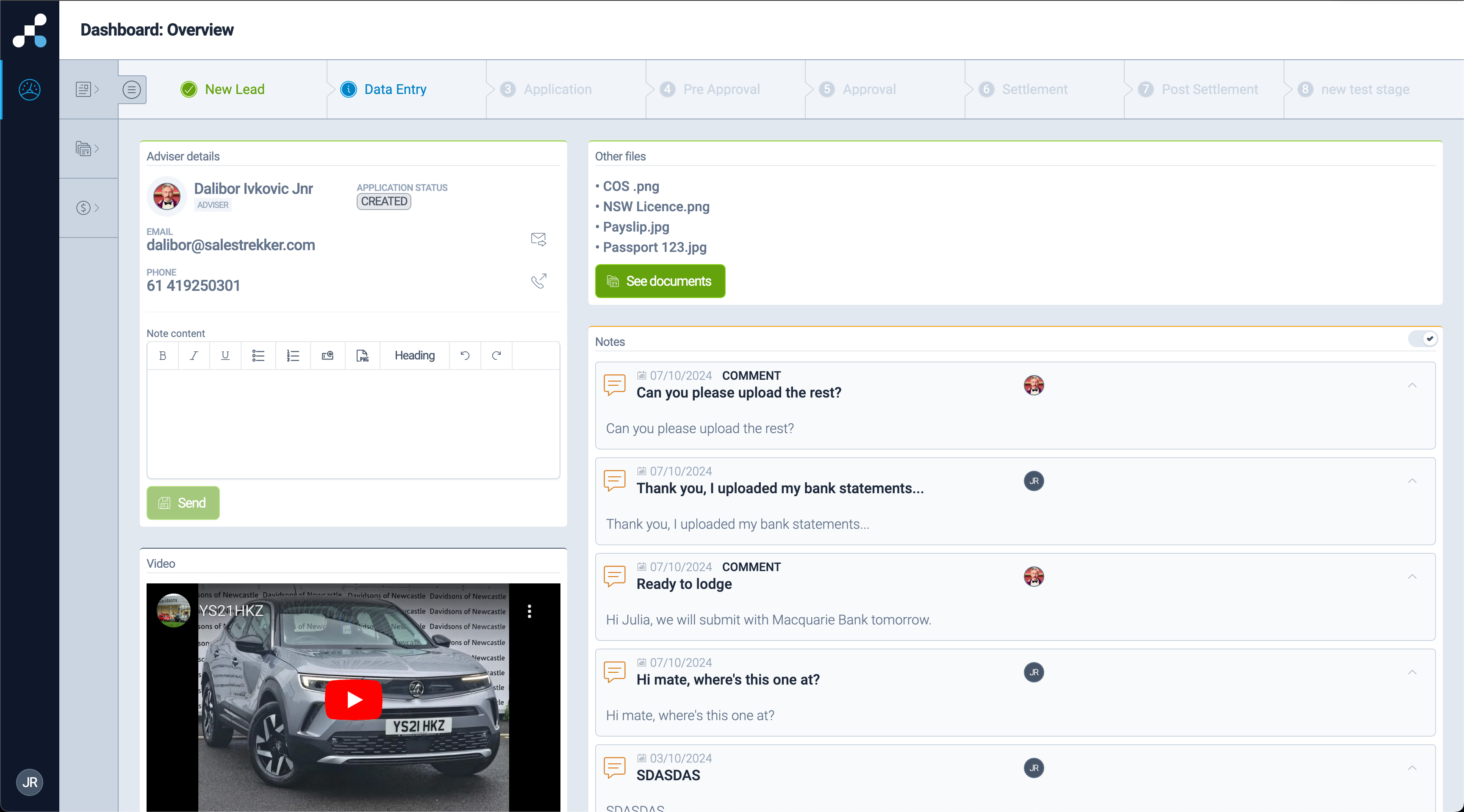 Data collection tool for Salestrekker CRM, way to improve communication during finance process Client portal main screen for Salestrekker CRM